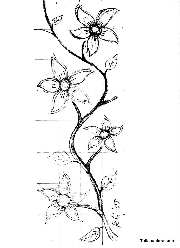 El dibujo del motivo floral con las líneas guía