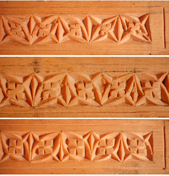 Tres tiras de ejercicios de chip carving, comparadas