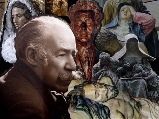 Retrato de Mariano Benlliure junto a algunas de sus obras