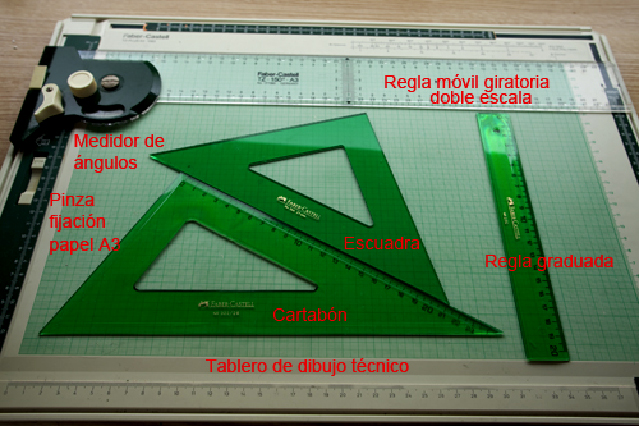 Tablero de dibujo técnico con la regla, las escuadras y el cartabón señalados