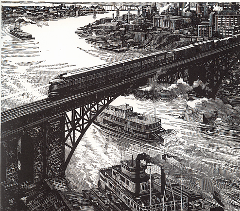 Dibujo a plumilla y tinta china de un puente sobre el puerto