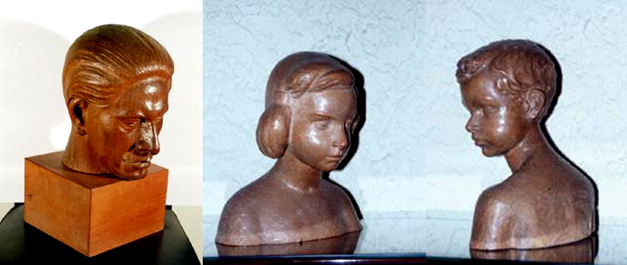 Bustos tallados en madera: retratos de un hombre y de niños