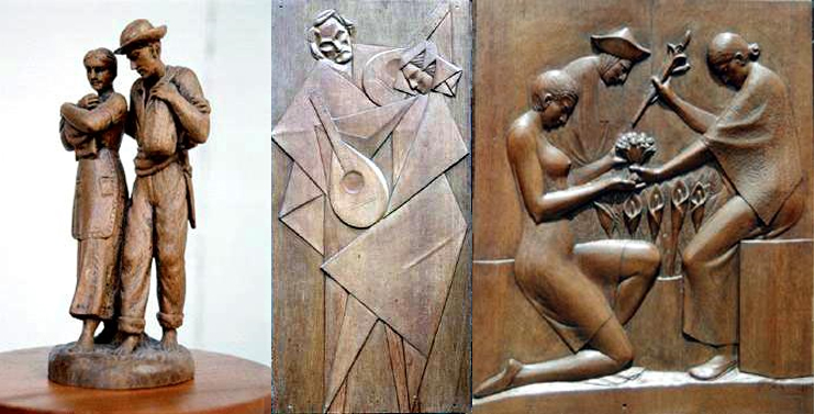Obras vernáculas: pareja, relieve cubista con guitarra y relieve de dos mujeres