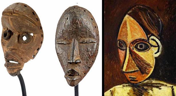 Dos máscaras africanas junto a un rostro de Picasso