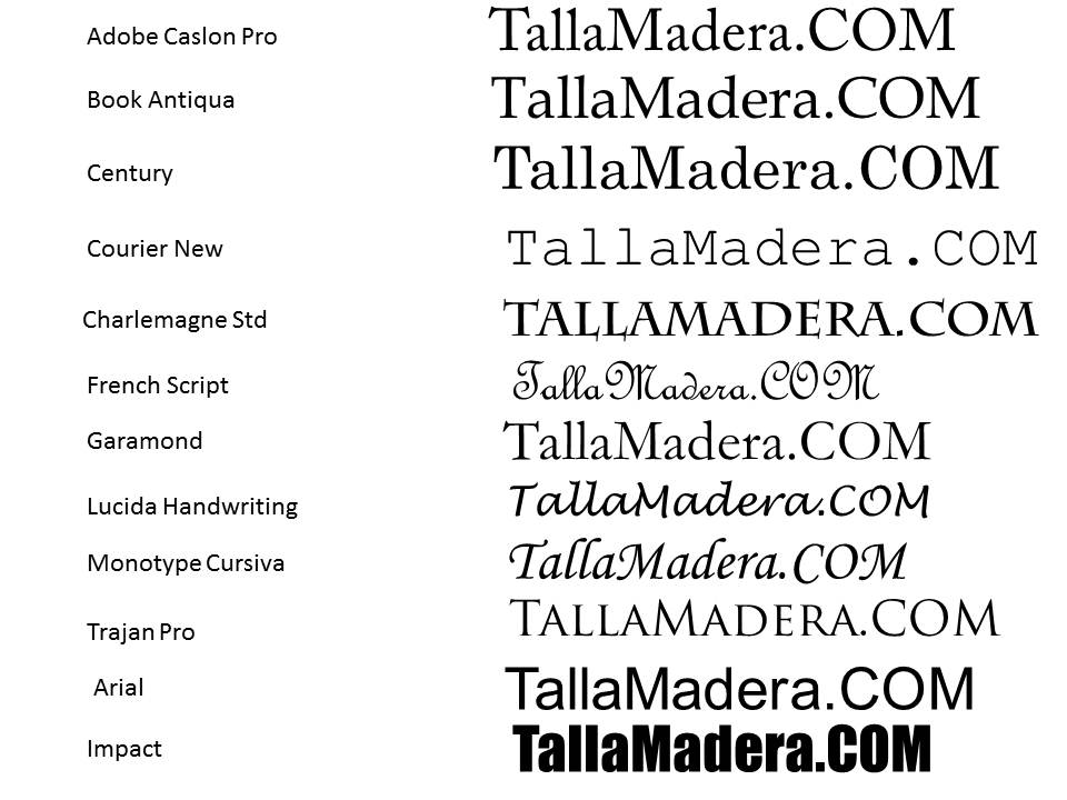 Muestra de la tipografía «TallaMadera.COM» en distintas familias de fuentes