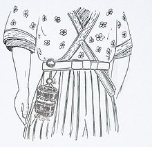 Dibujo de una figura con kimono del que pende un inro