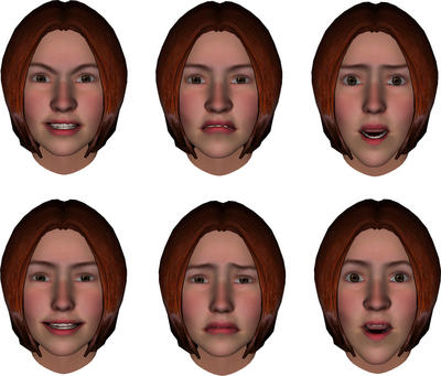 Seis rostros virtuales con distintas expresiones emocionales