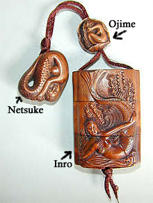 Inro, netsuke y ojime, con sus nombres señalados