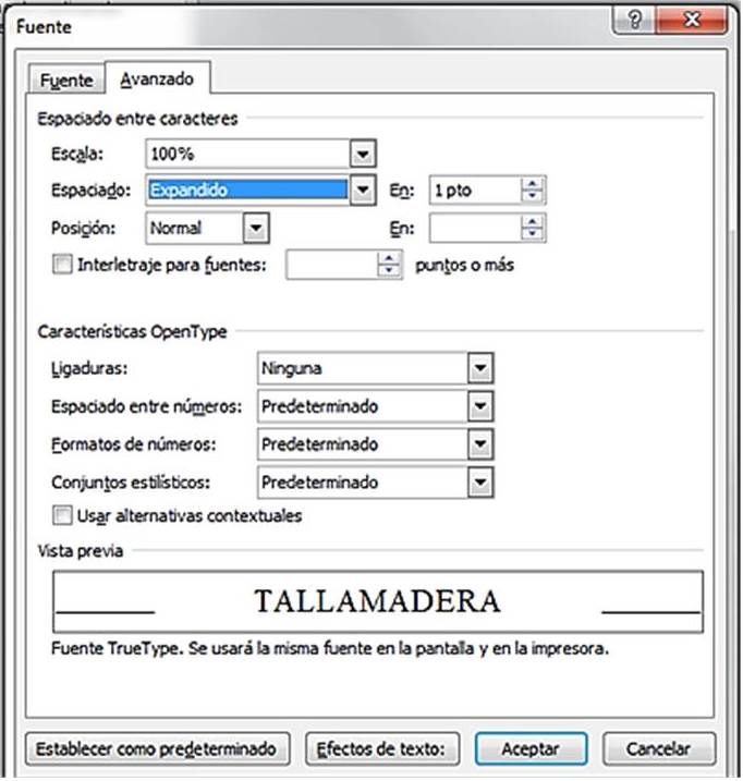 El cuadro de diálogo Fuente/Avanzado de Word 2010