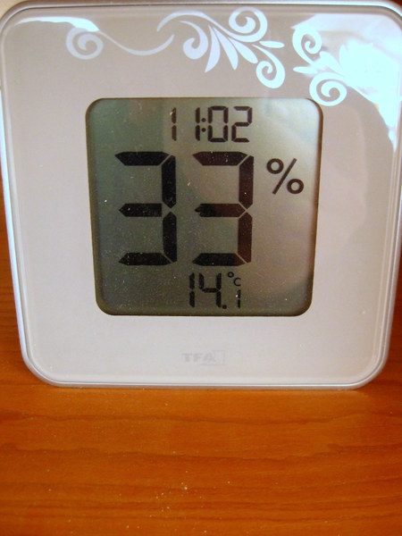 Termohigrómetro digital en el taller (33 % y 14 °C)
