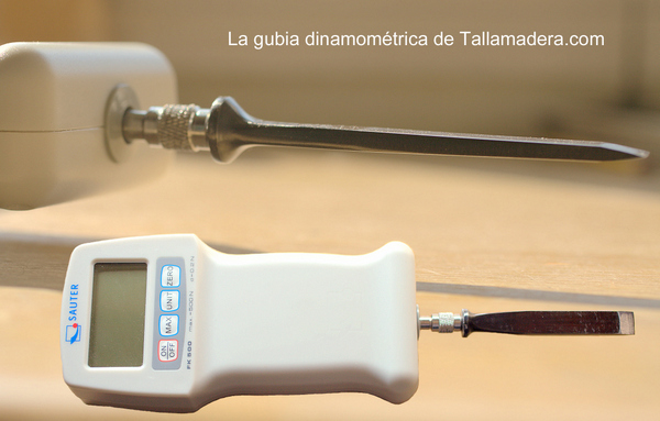 La gubia dinamométrica de Tallamadera.com, acoplada al dinamómetro Sauter
