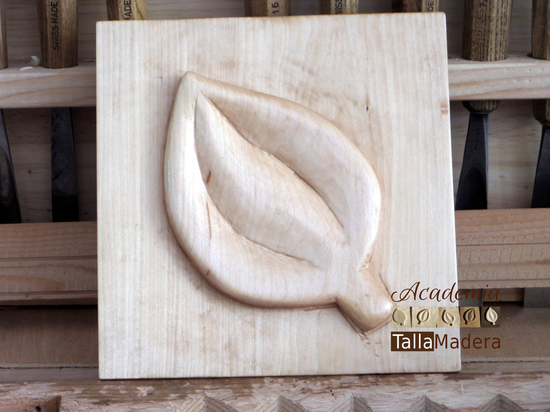 Hoja de Tallamadera tallada por una alumna del taller